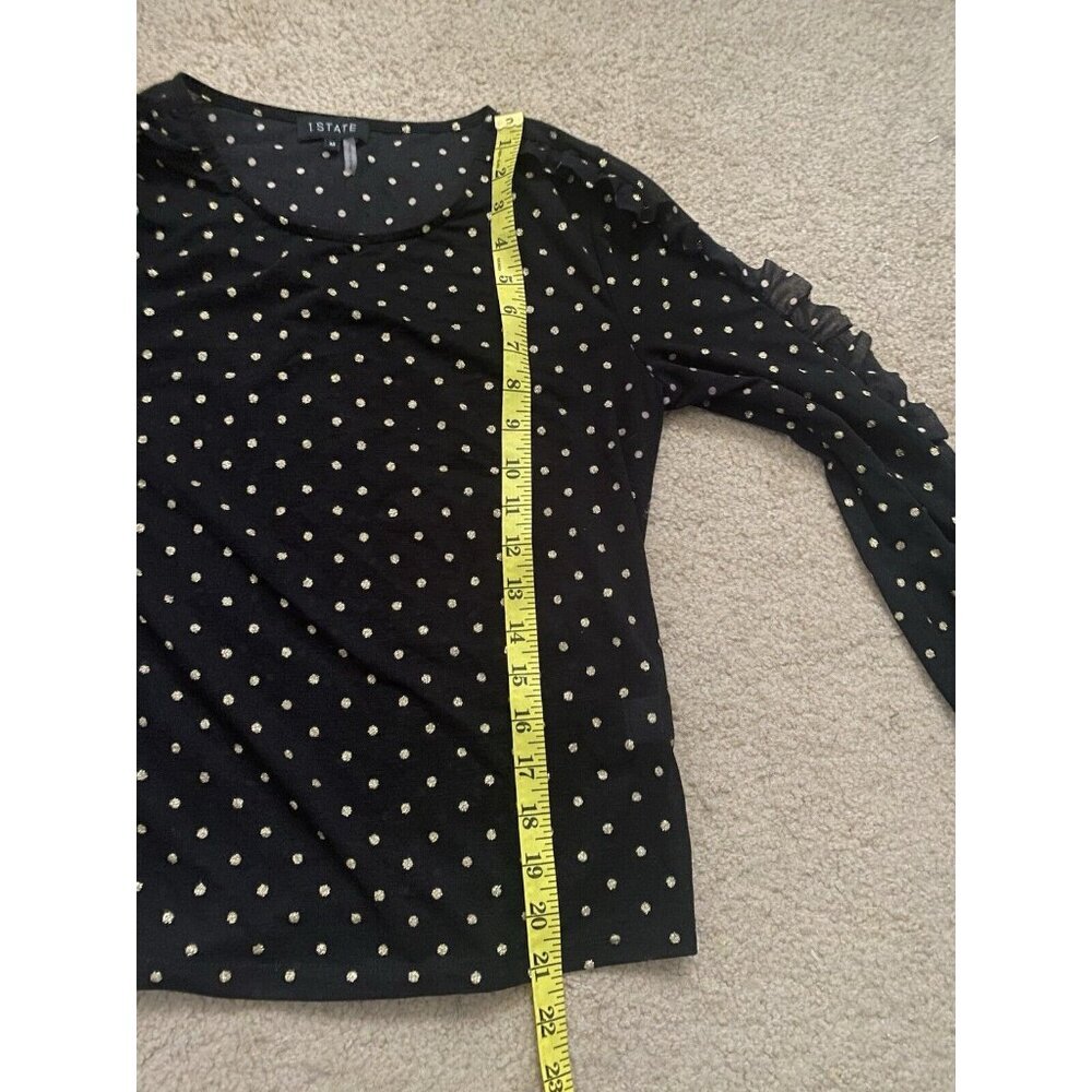 1.State Women's Black Gold Dot Sheer Long Sleeve Ruffle Seam Crewneck Top Size M - Picture 8 of 10